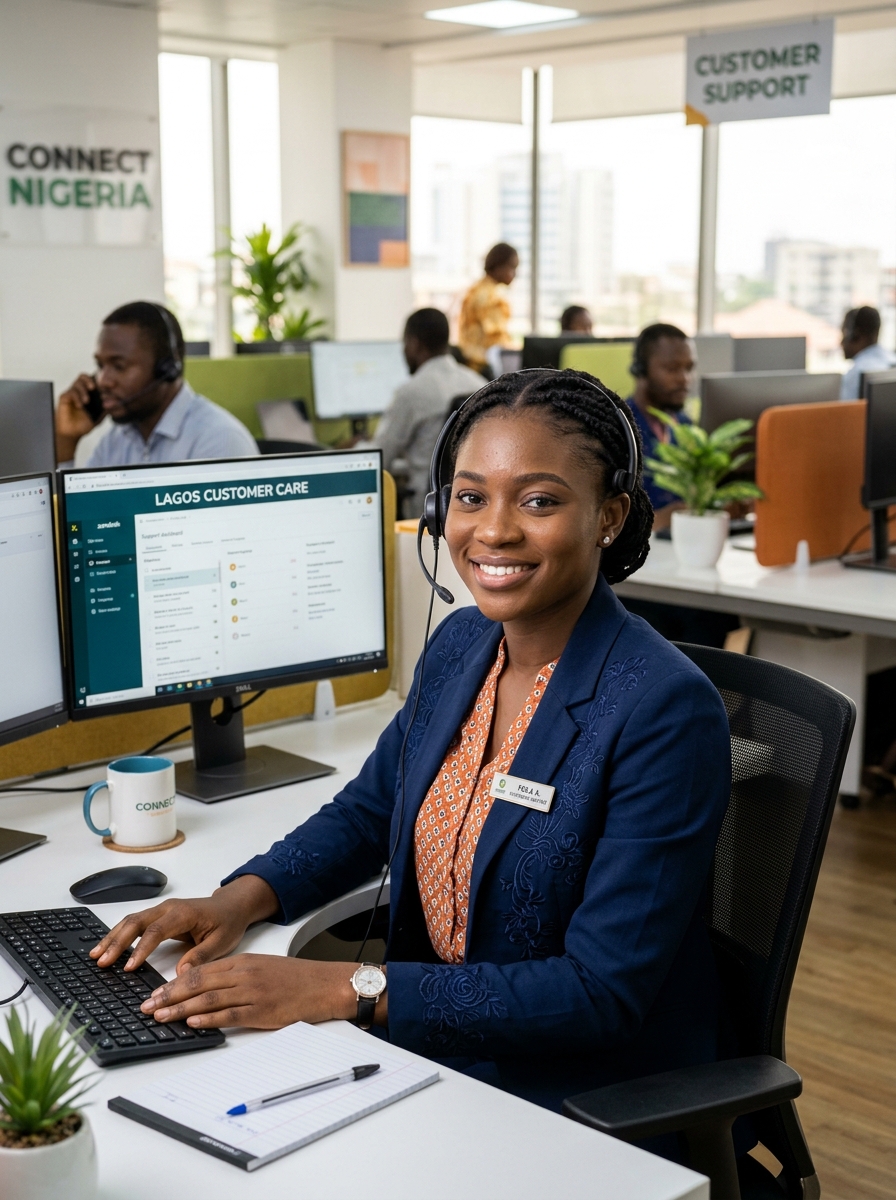 Friendly Nigerian customer support specialist with headset