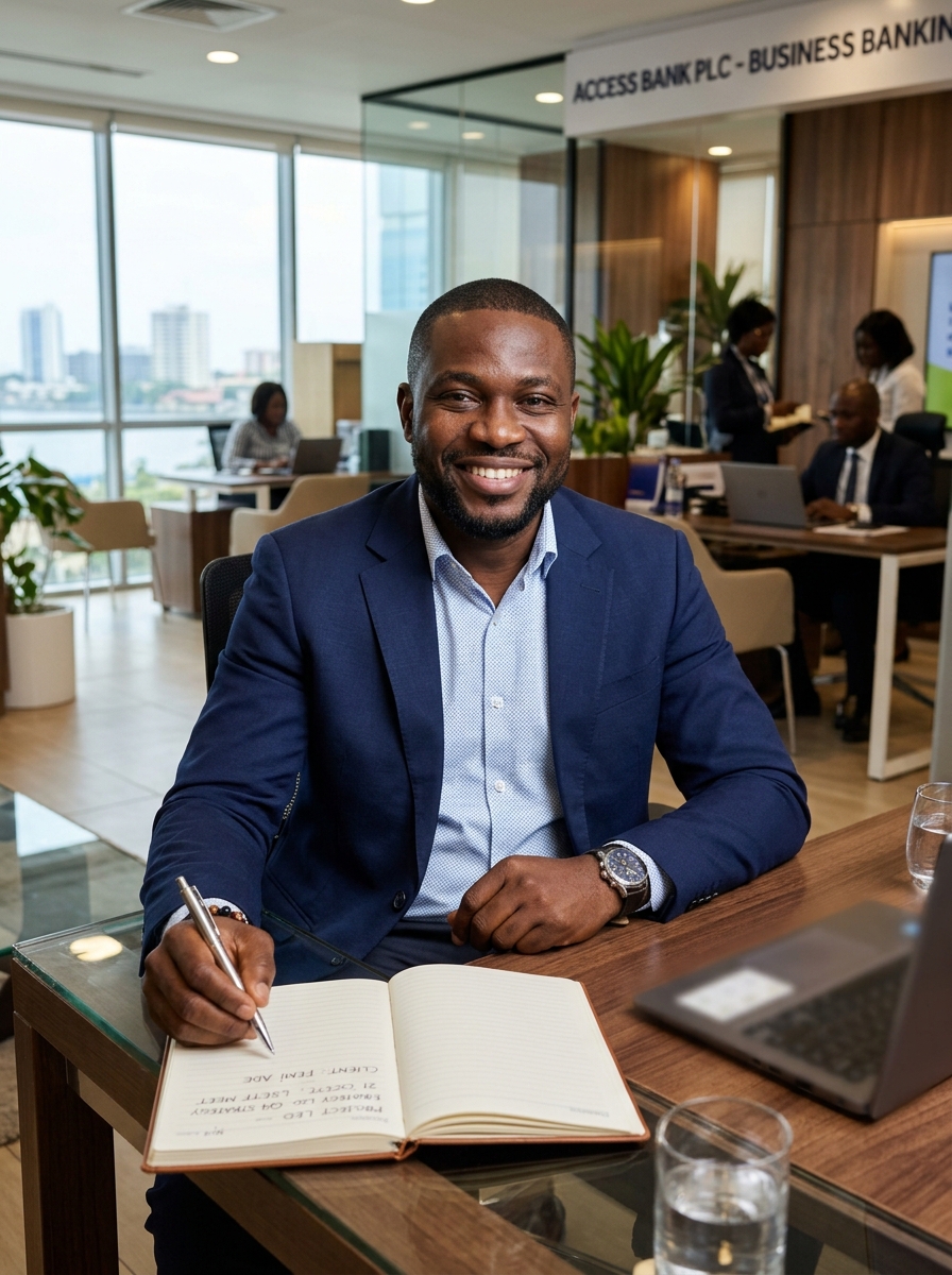 Confident Nigerian customer at modern office desk